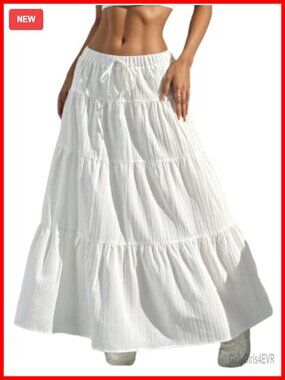 Women's Boho Maxi Skirt A-Line Tiered Elastic Waist Pull On Long Skirt